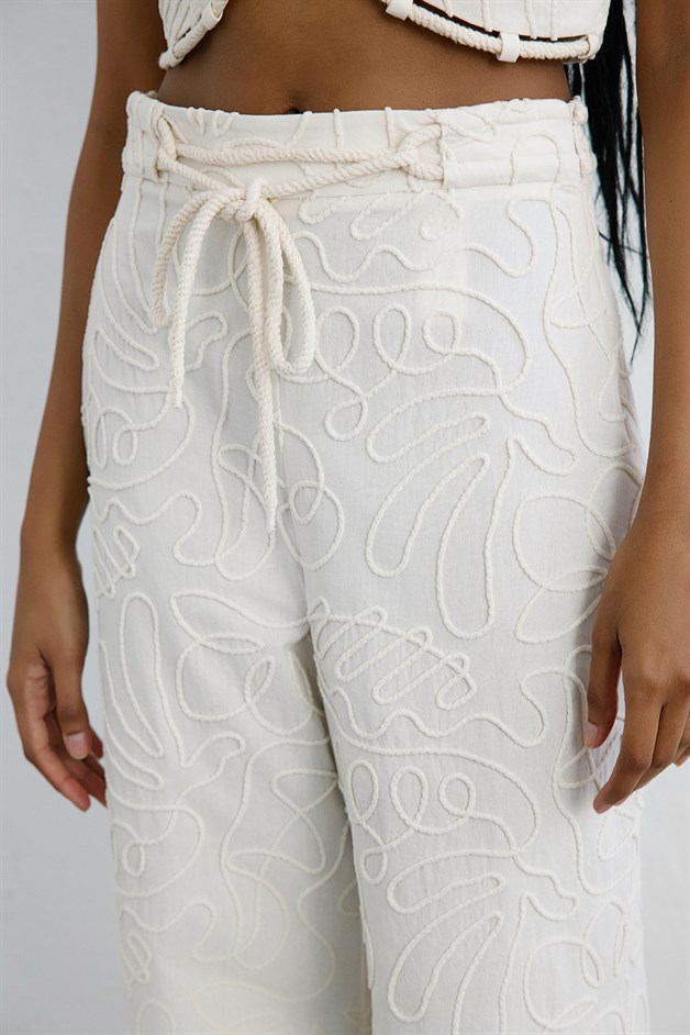 Yandan Fermuarlı Bol Paça Ekru Pantolon