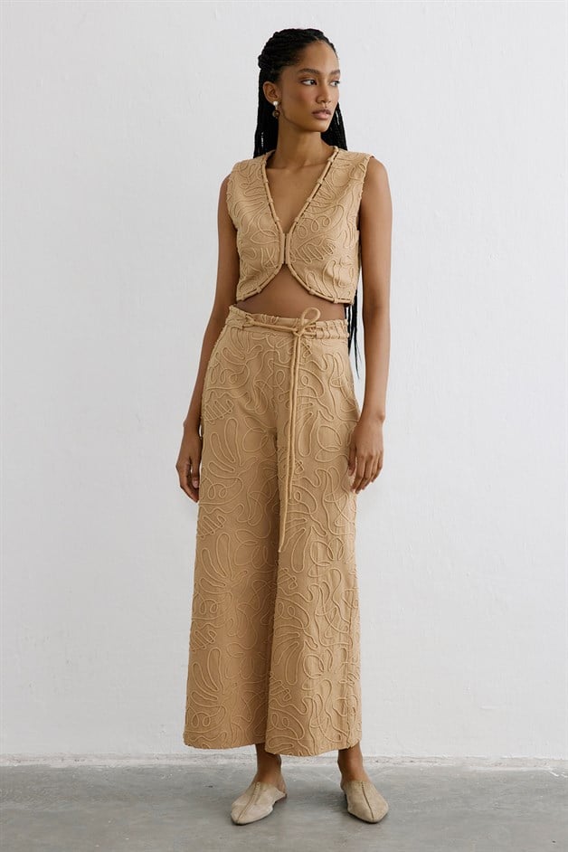 Yandan Fermuarlı Bol Paça Camel Pantolon