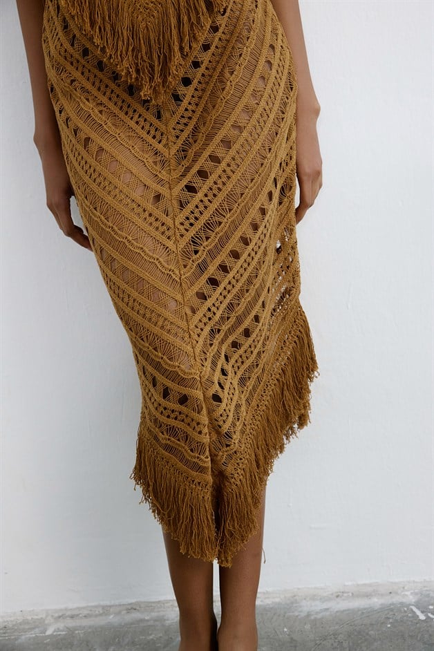 Yüksek Bel Saçaklı Midi Camel Etek