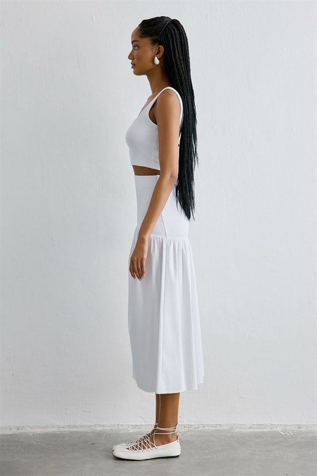 High Waist Ruched Midi White Skirt