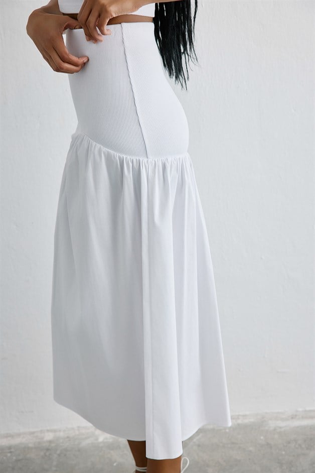 High Waist Ruched Midi White Skirt