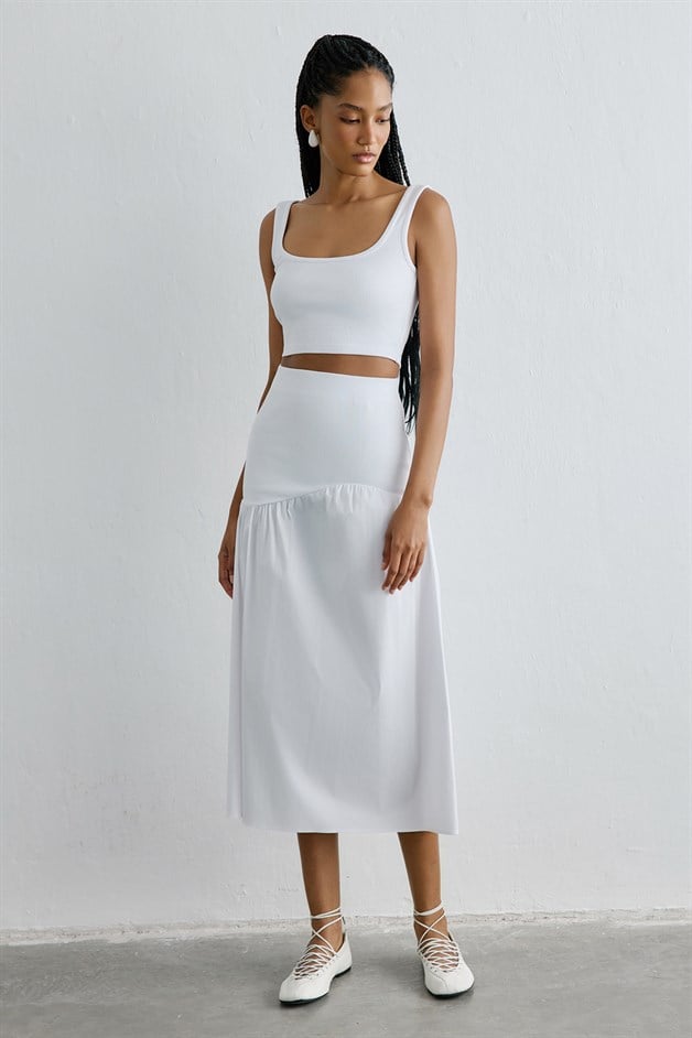 High Waist Ruched Midi White Skirt
