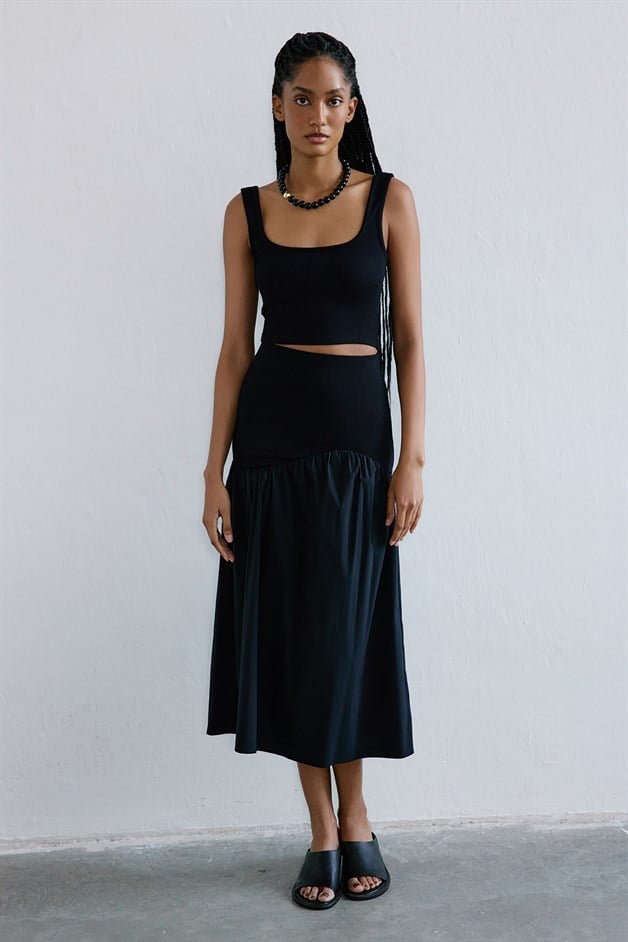 High Waist Ruched Midi Black Skirt