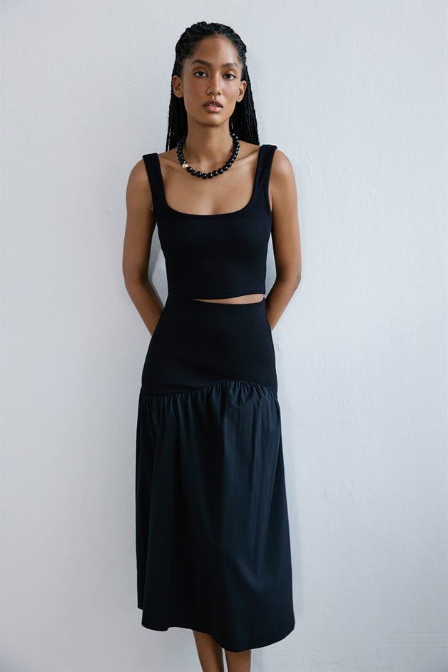 High Waist Ruched Midi Black Skirt