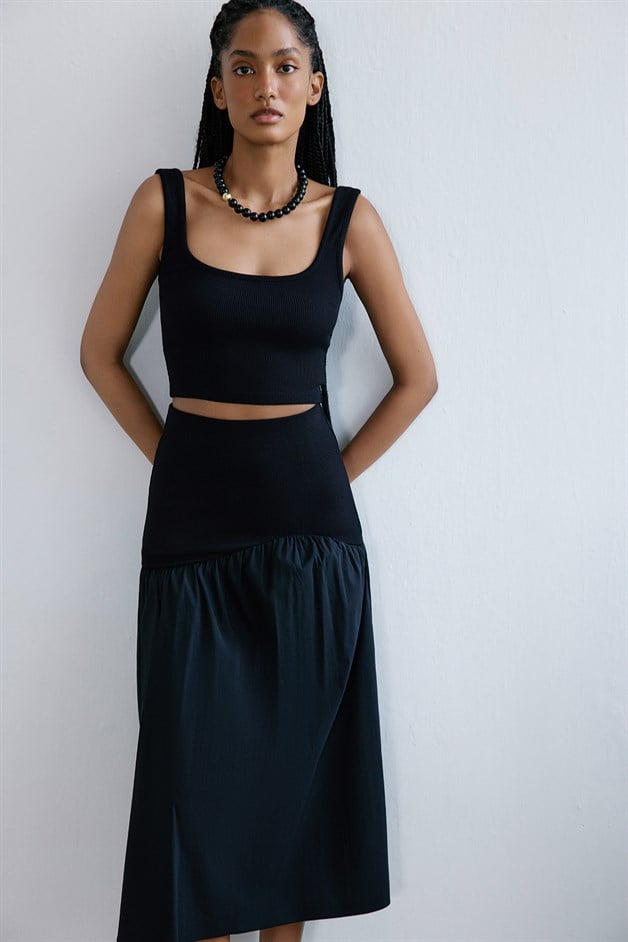 High Waist Ruched Midi Black Skirt
