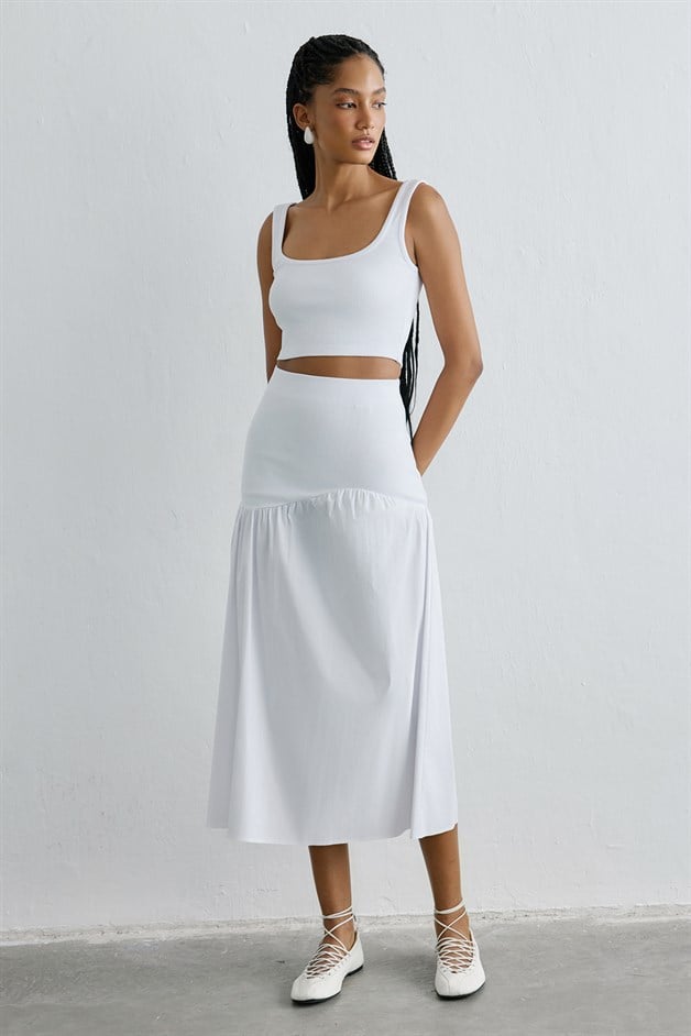 High Waist Ruched Midi White Skirt