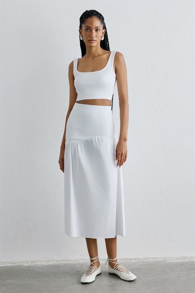 High Waist Ruched Midi White Skirt