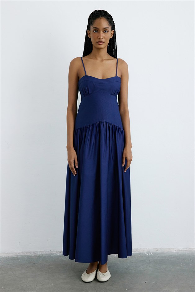 İnce Askılı Poplin Uzun Lacivert Elbise