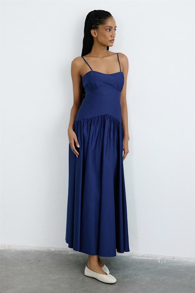 İnce Askılı Poplin Uzun Lacivert Elbise