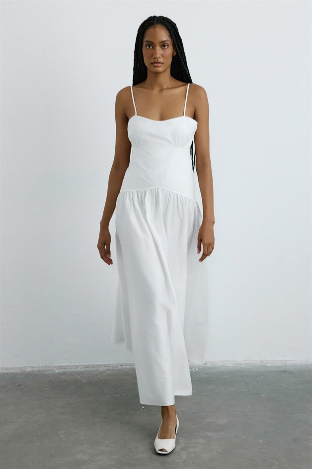 İnce Askılı Poplin Uzun Beyaz Elbise