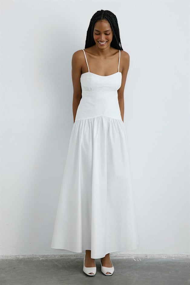 İnce Askılı Poplin Uzun Beyaz Elbise