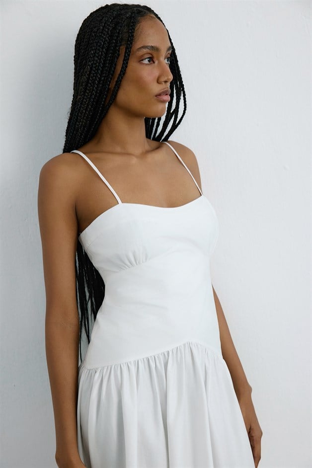 İnce Askılı Poplin Uzun Beyaz Elbise