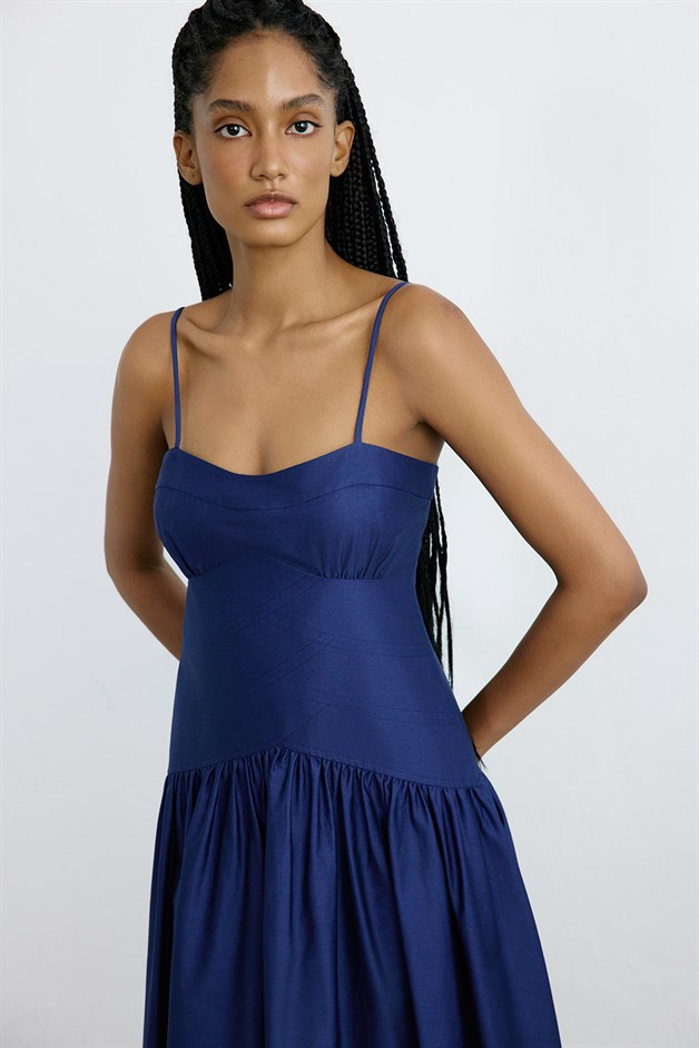 İnce Askılı Poplin Uzun Lacivert Elbise