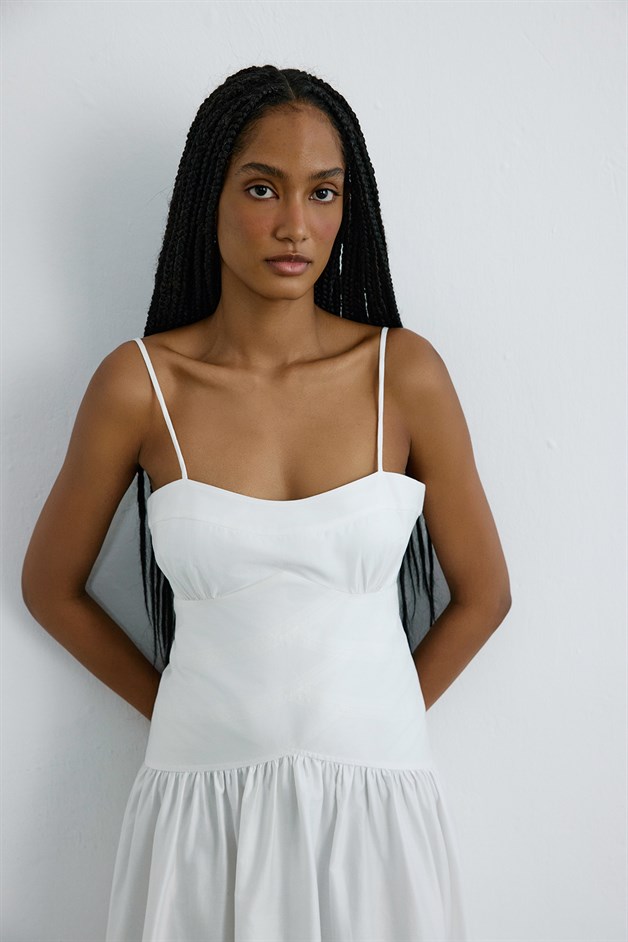 İnce Askılı Poplin Uzun Beyaz Elbise