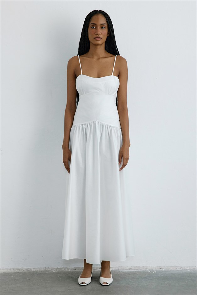 İnce Askılı Poplin Uzun Beyaz Elbise