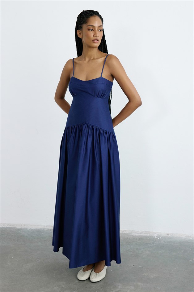 İnce Askılı Poplin Uzun Lacivert Elbise