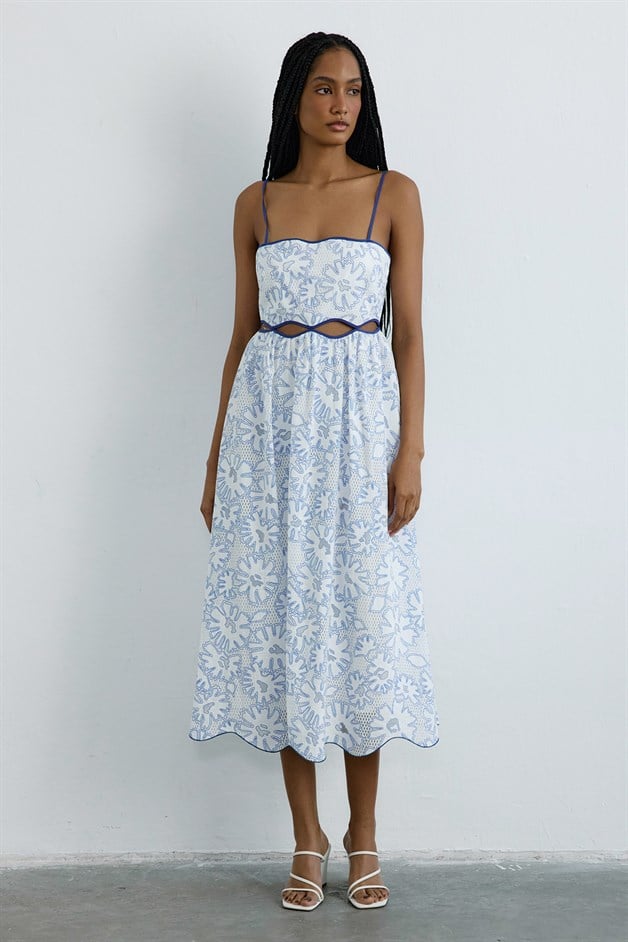 Thin Strap Midi Flared Blue Dress