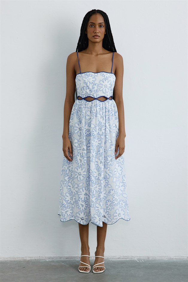 Thin Strap Midi Flared Blue Dress