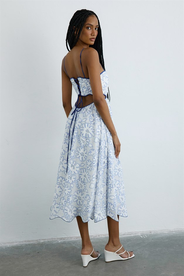 Thin Strap Midi Flared Blue Dress