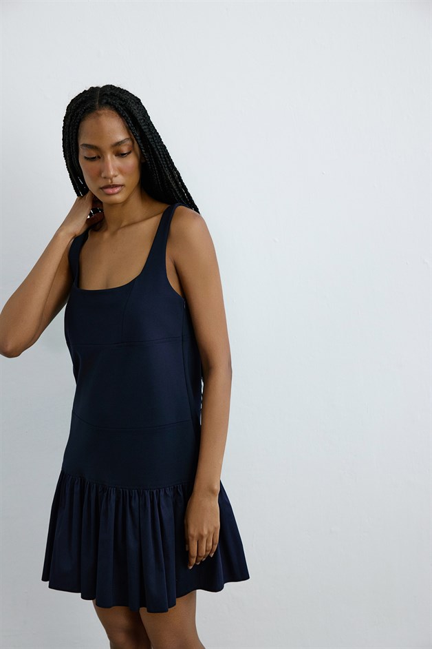 Kare Yaka Volanlı Poplin Mini Lacivert Elbise