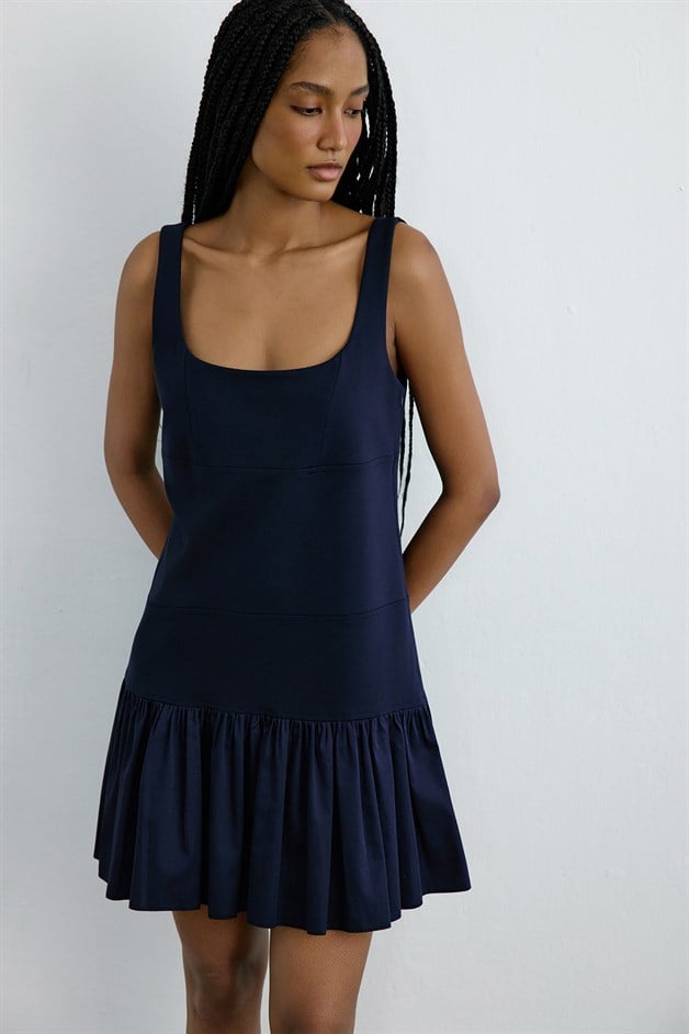 Kare Yaka Volanlı Poplin Mini Lacivert Elbise