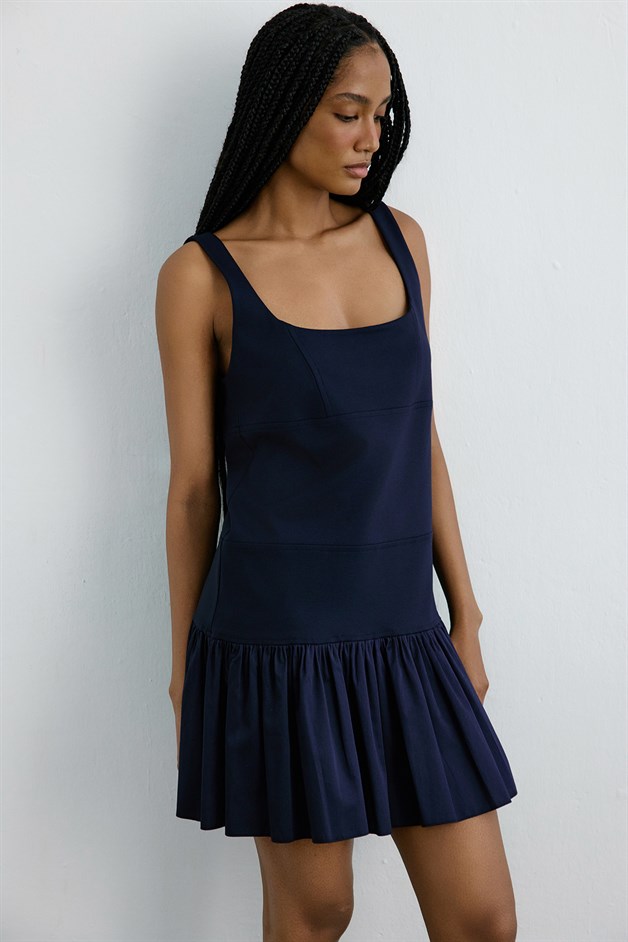 Kare Yaka Volanlı Poplin Mini Lacivert Elbise