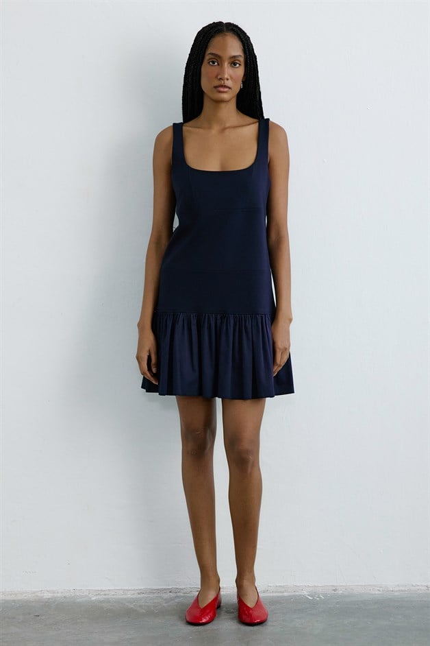 Kare Yaka Volanlı Poplin Mini Lacivert Elbise