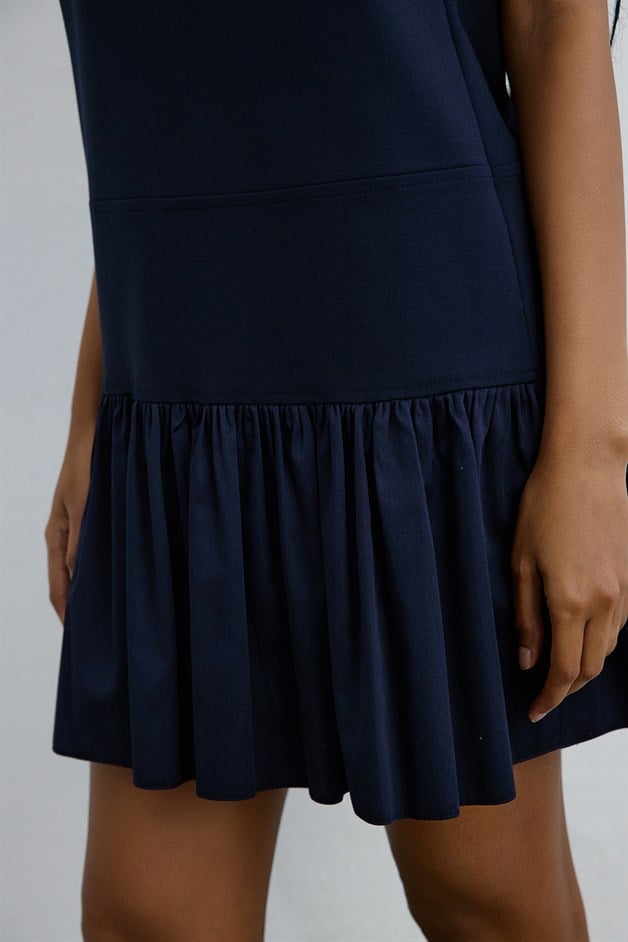 Kare Yaka Volanlı Poplin Mini Lacivert Elbise