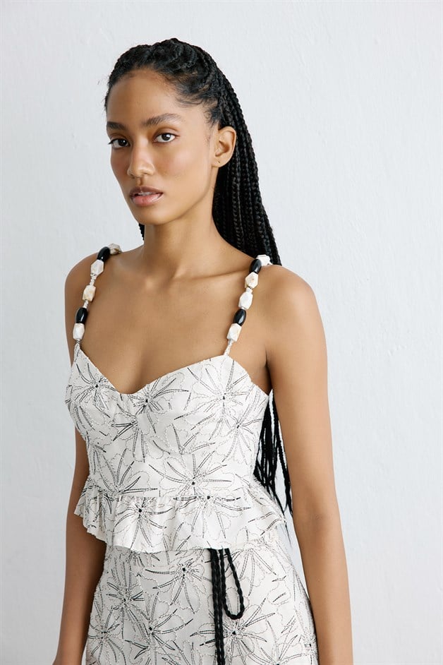 Heart Neck Embroidered Crop Ecru Blouse