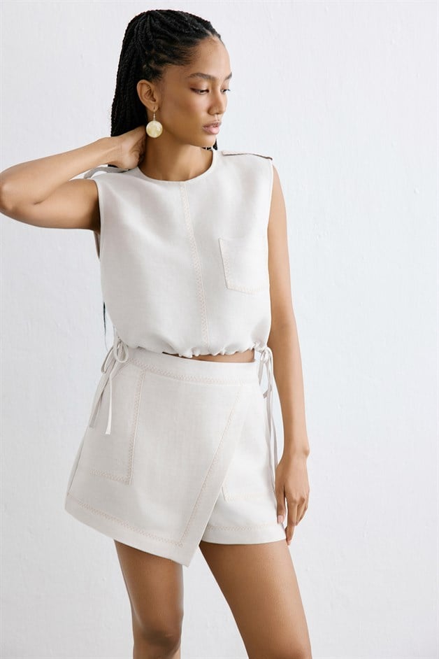 Linen Contrast Stitching Cropped Beige Blouse