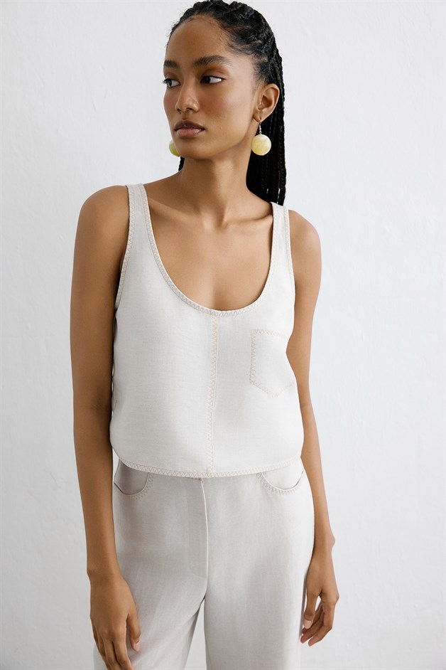 Linen Blend Cropped Beige Blouse