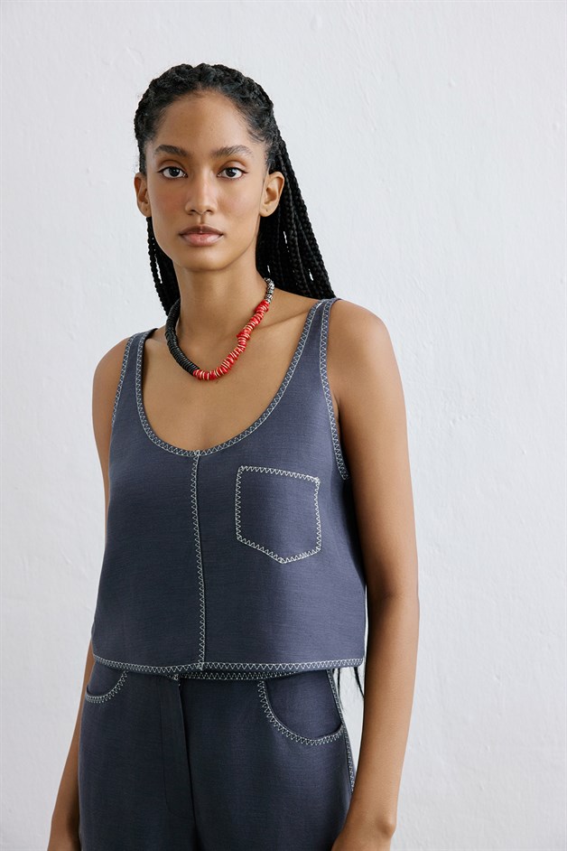 Linen Blend Cropped Indigo Blouse