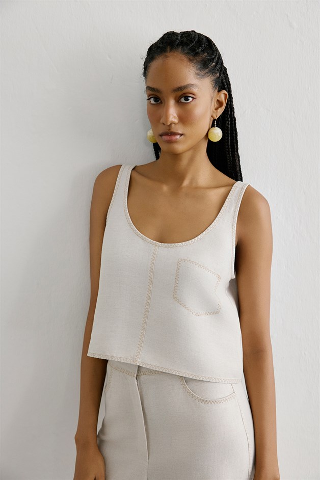 Linen Blend Cropped Beige Blouse