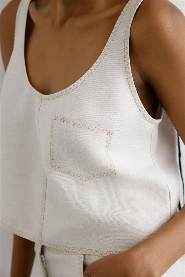 Linen Blend Cropped Beige Blouse