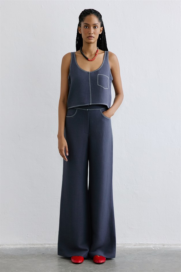 Linen Blend Cropped Indigo Blouse