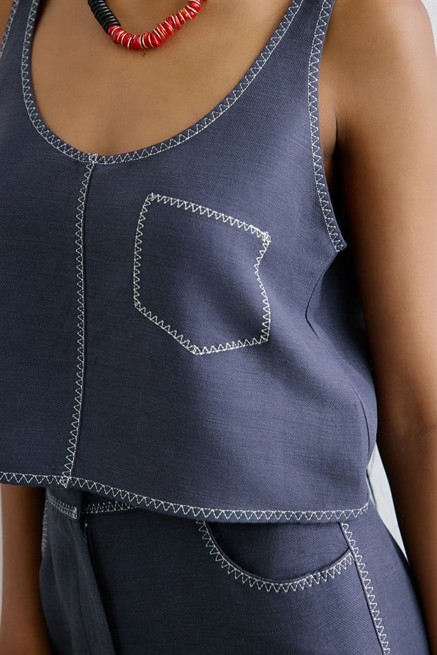 Linen Blend Cropped Indigo Blouse