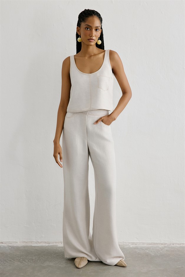 Linen Blend Cropped Beige Blouse