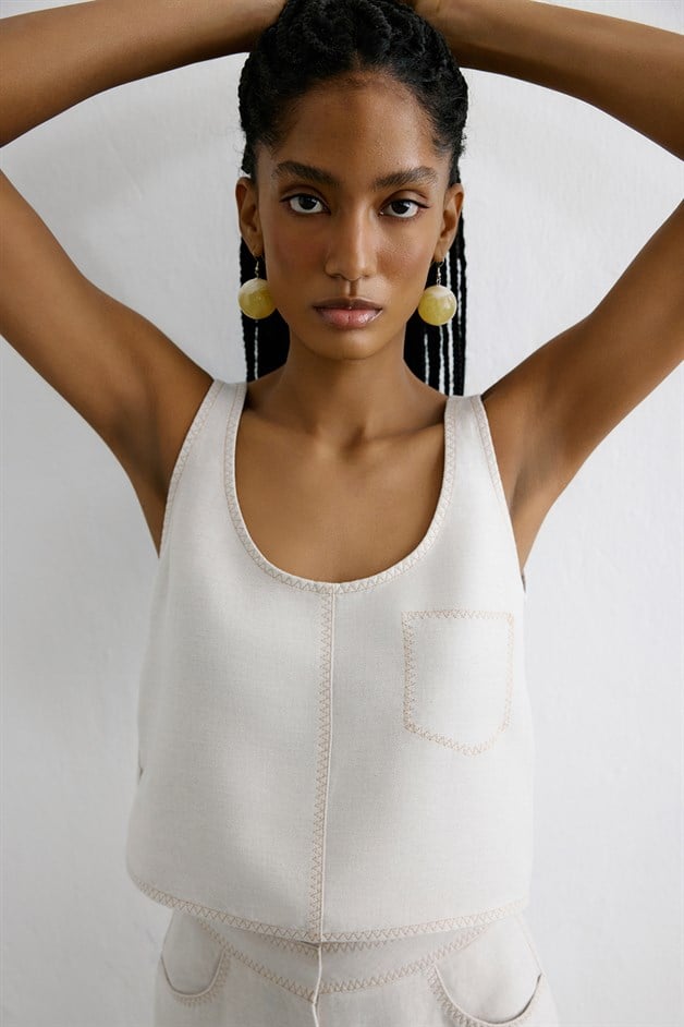 Linen Blend Cropped Beige Blouse