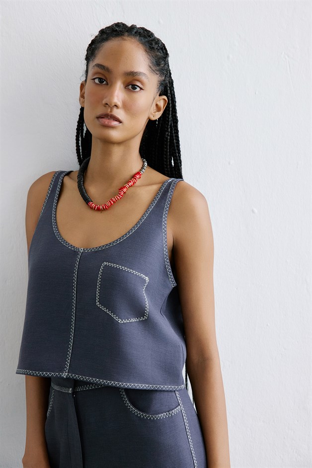 Linen Blend Cropped Indigo Blouse