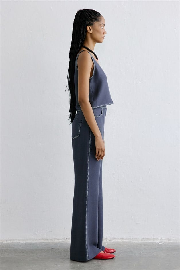 Linen Blend Cropped Indigo Blouse