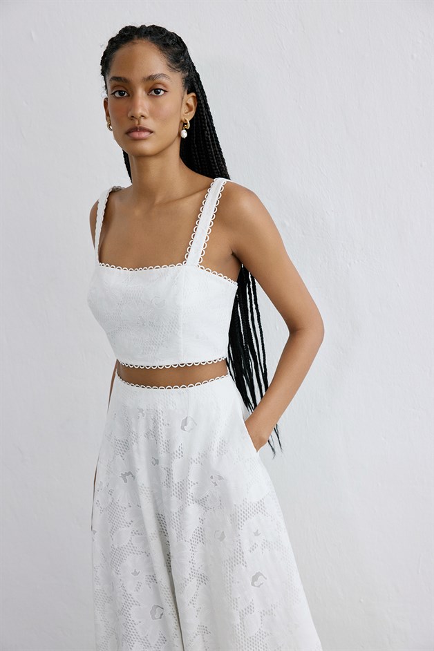 Jacquard Square Neck Crop White Bustier