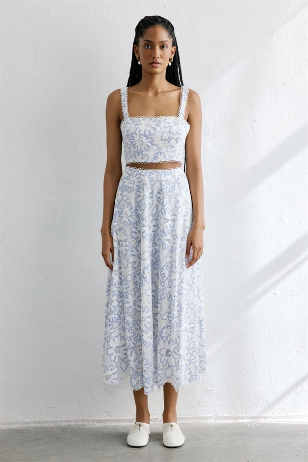 Jacquard Square Neck Crop Blue Bustier