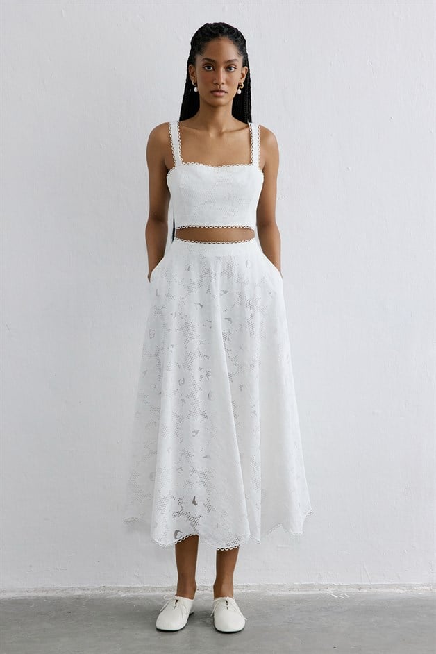 Jacquard Square Neck Crop White Bustier