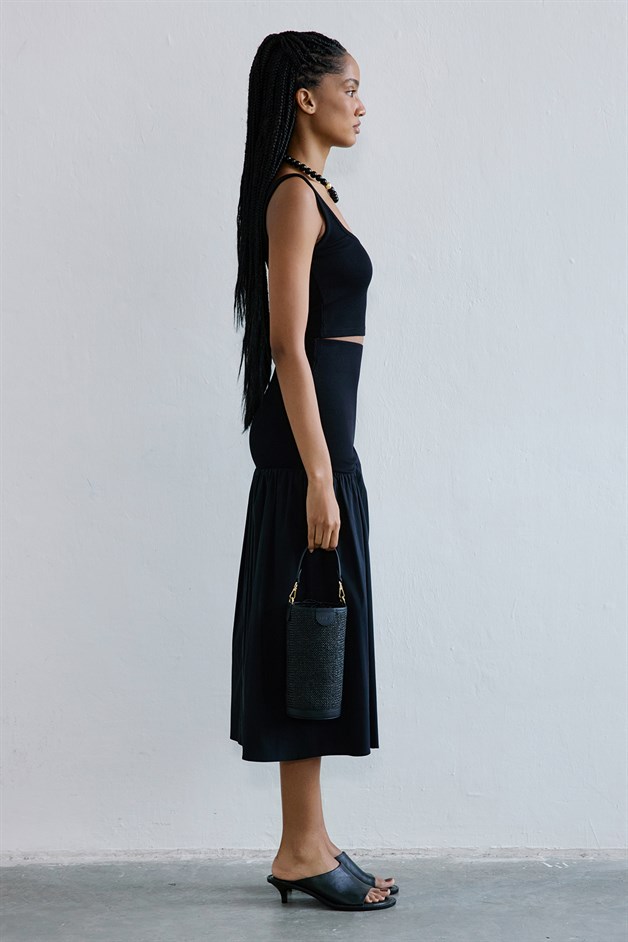 Square Neck Thick Strap Black Crop Blouse