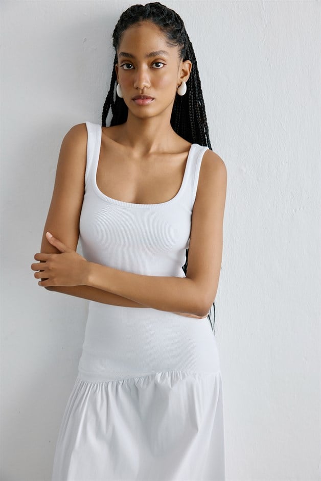 Square Neck Thick Strap White Crop Blouse