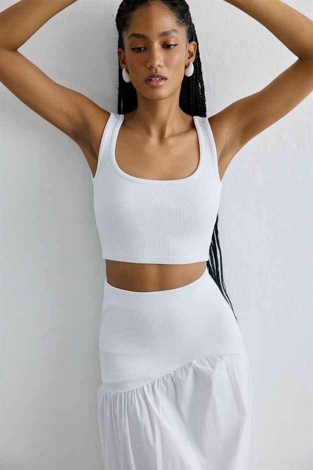 Square Neck Thick Strap White Crop Blouse
