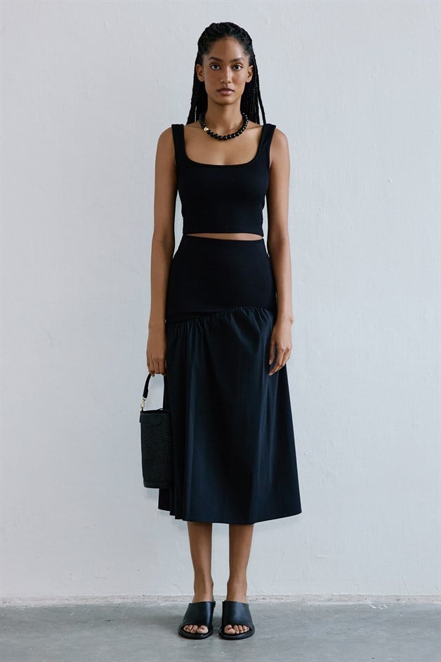 Square Neck Thick Strap Black Crop Blouse