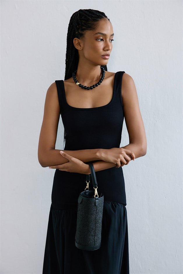 Square Neck Thick Strap Black Crop Blouse