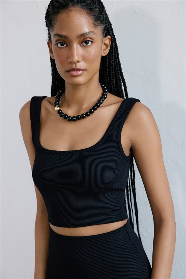 Square Neck Thick Strap Black Crop Blouse