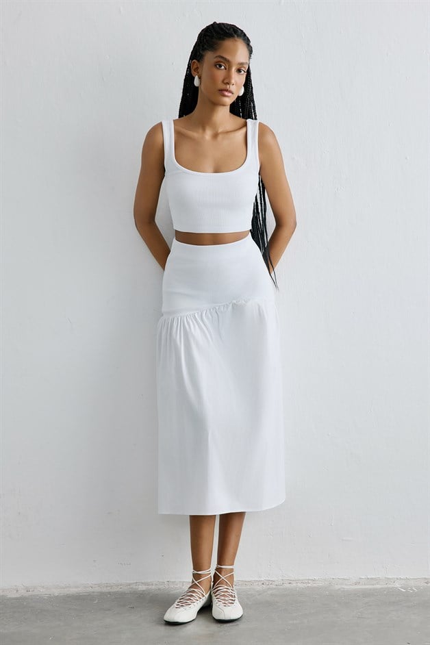 Square Neck Thick Strap White Crop Blouse